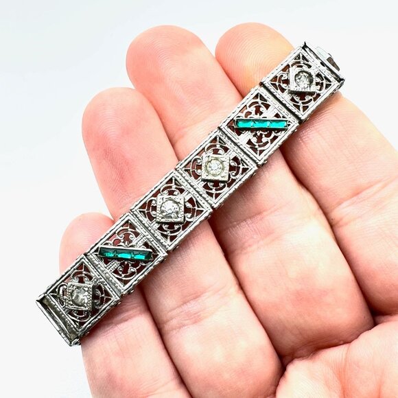 Vintage Art Deco Green And Clear Glass Stone Silver Bracelet 7 Inch Antique - Picture 5 of 6